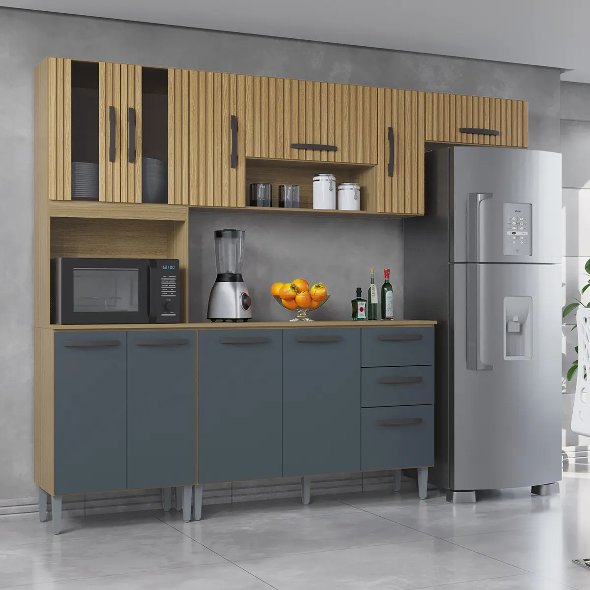 Cozinha Lavinia Compacta com 11 Portas 02 Gavetas 506.46 Damasco Ripado/Cinza - Poquema
