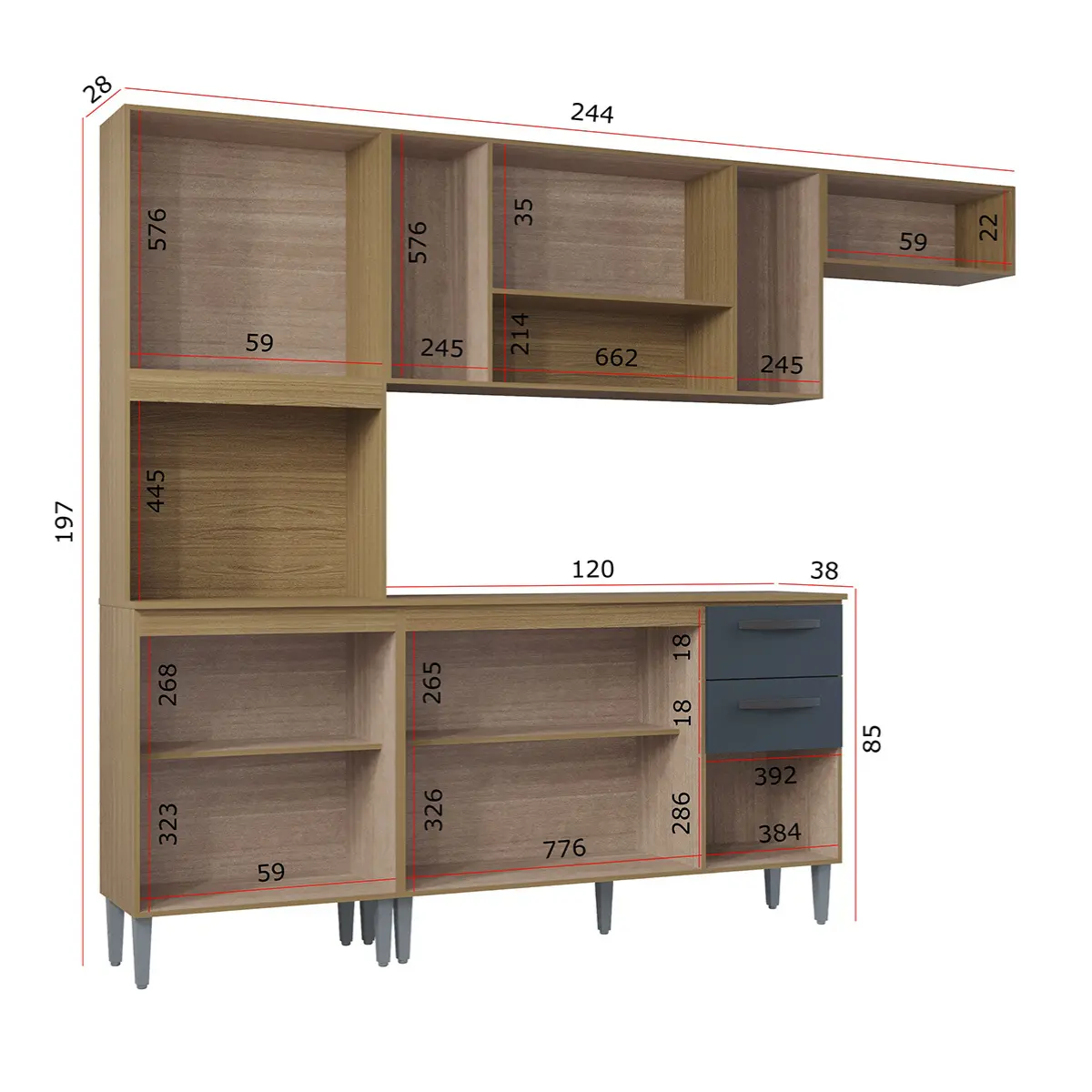 Cozinha Lavinia Compacta com 11 Portas 02 Gavetas 506.46 Damasco Ripado/Cinza - Poquema