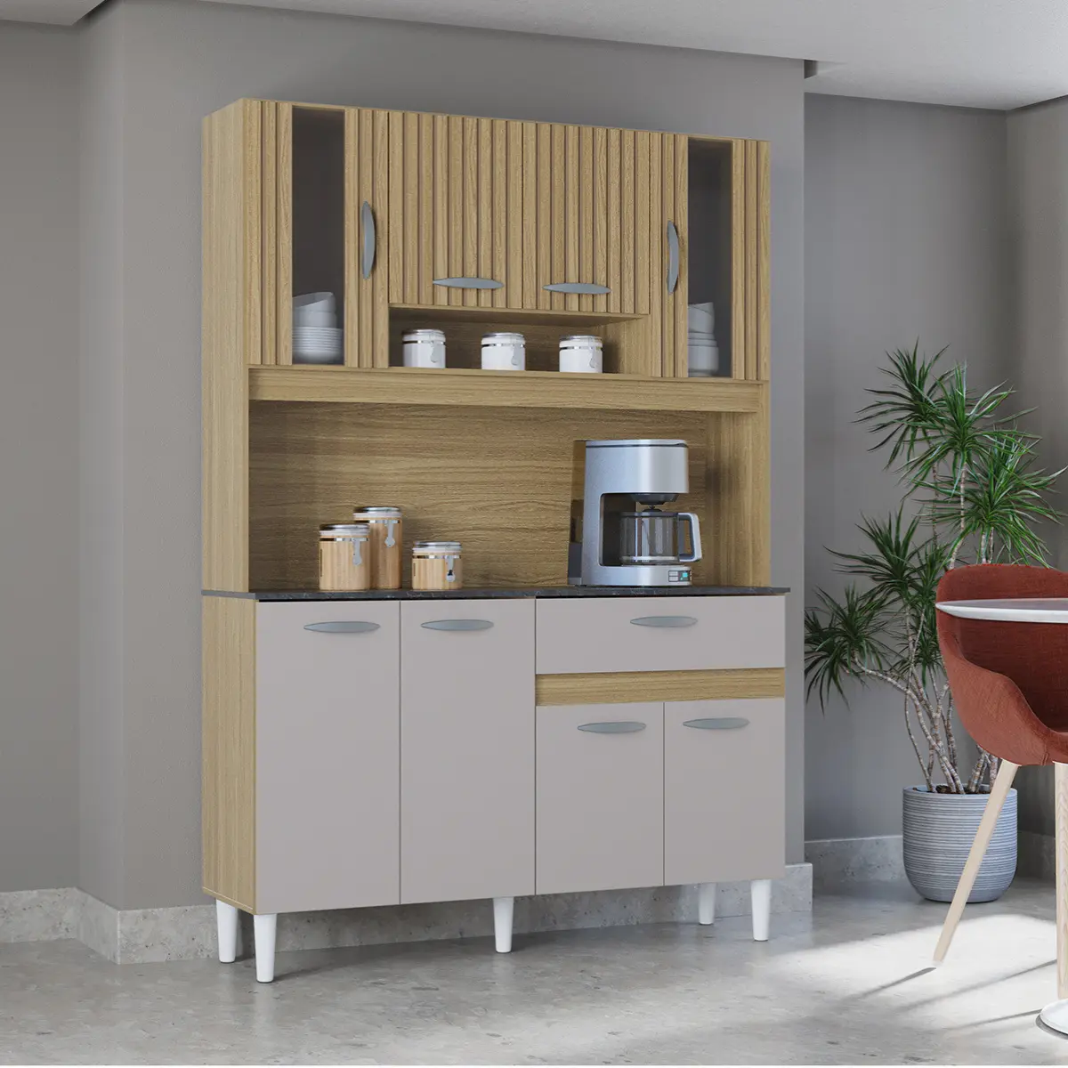 Kit Cozinha Coral com 08 Portas 01 Gaveta 564.48 Damasco Ripado/Off White - Poquema
