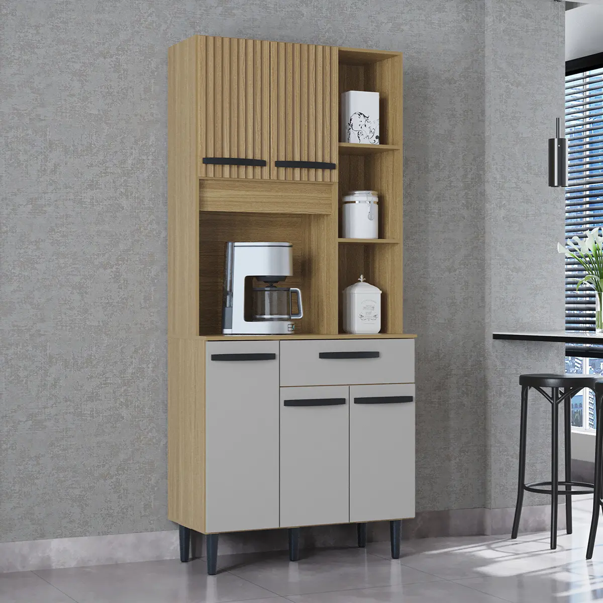 Kit Cozinha Malu com 05 Portas 01 Gaveta 650.48 Damasco Ripado/Off White - Poquema