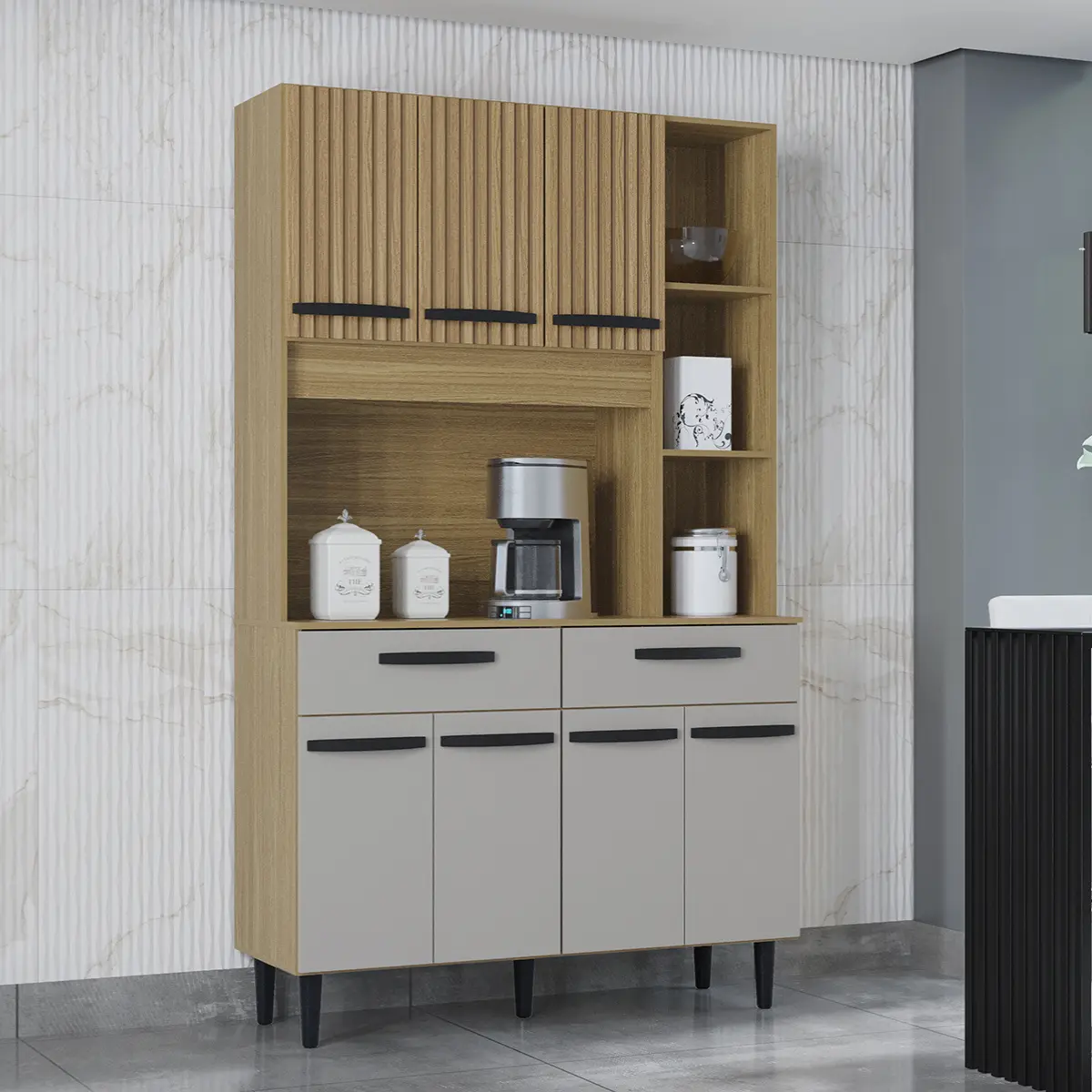 Kit Cozinha Malu com 07 Portas 02 Gavetas 651.48 Damasco Ripado/Off White - Poquema