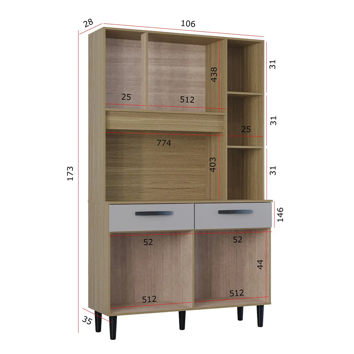 Kit Cozinha Malu com 07 Portas 02 Gavetas 651.48 Damasco Ripado/Off White - Poquema