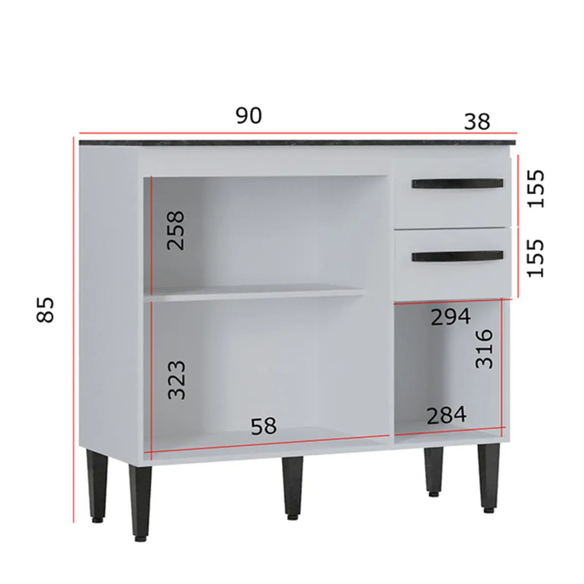 Balcão de Cozinha Isadora com 03 Portas 02 Gavetas 90cm 668.33 Branco - Poquema