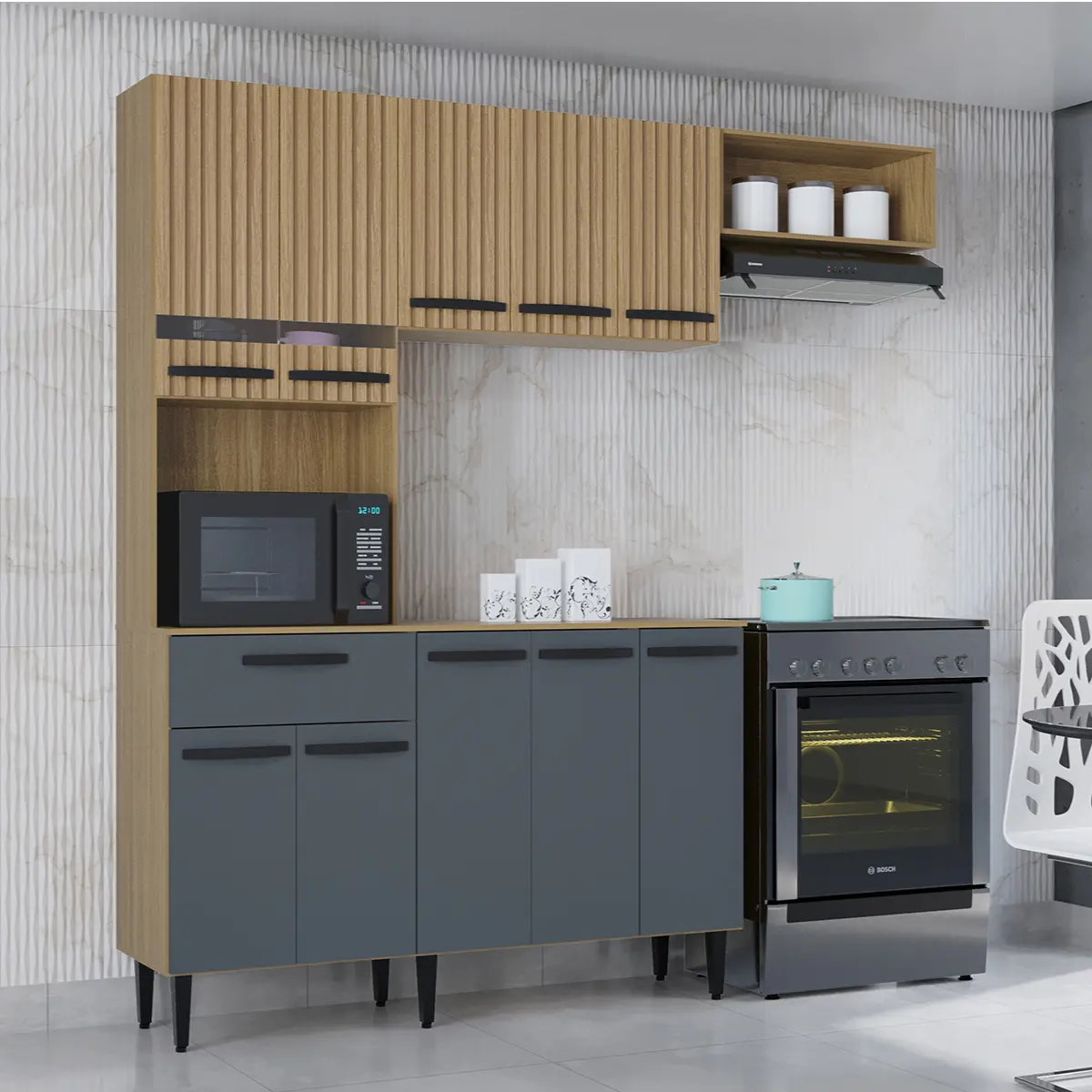 Cozinha Dora Conjugada com 10 Portas 01 Gaveta 680.46 Damasco Ripado/Cinza - Poquema