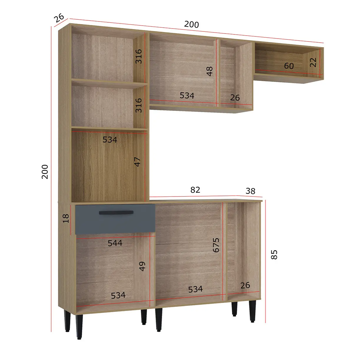 Cozinha Dora Conjugada com 10 Portas 01 Gaveta 680.46 Damasco Ripado/Cinza - Poquema