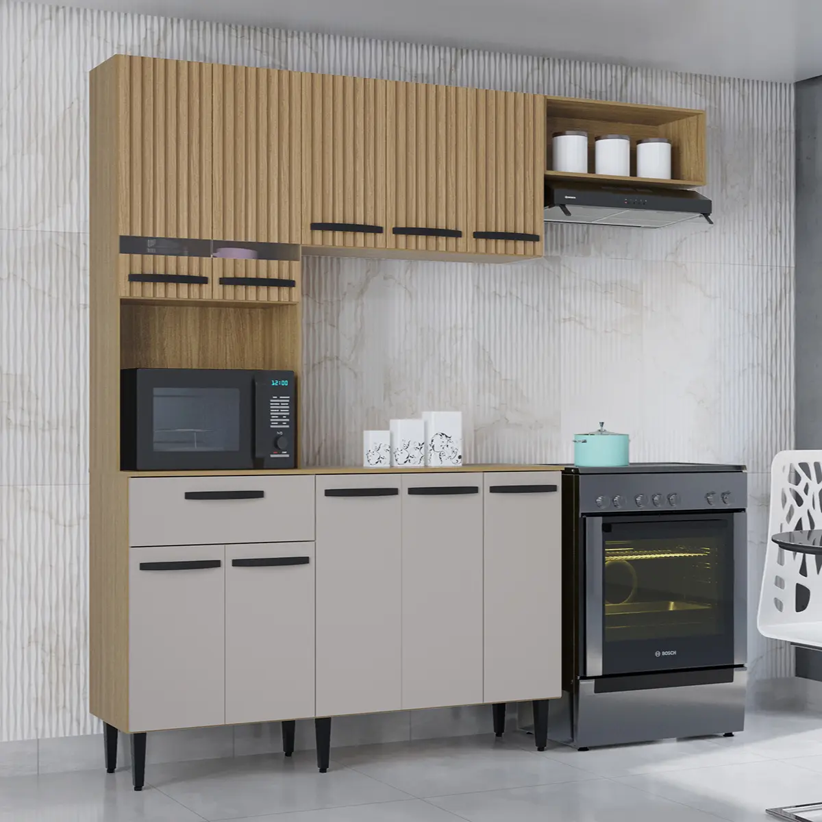 Cozinha Dora Conjugada com 10 Portas 01 Gaveta 680.48 Damasco Ripado/Off White - Poquema