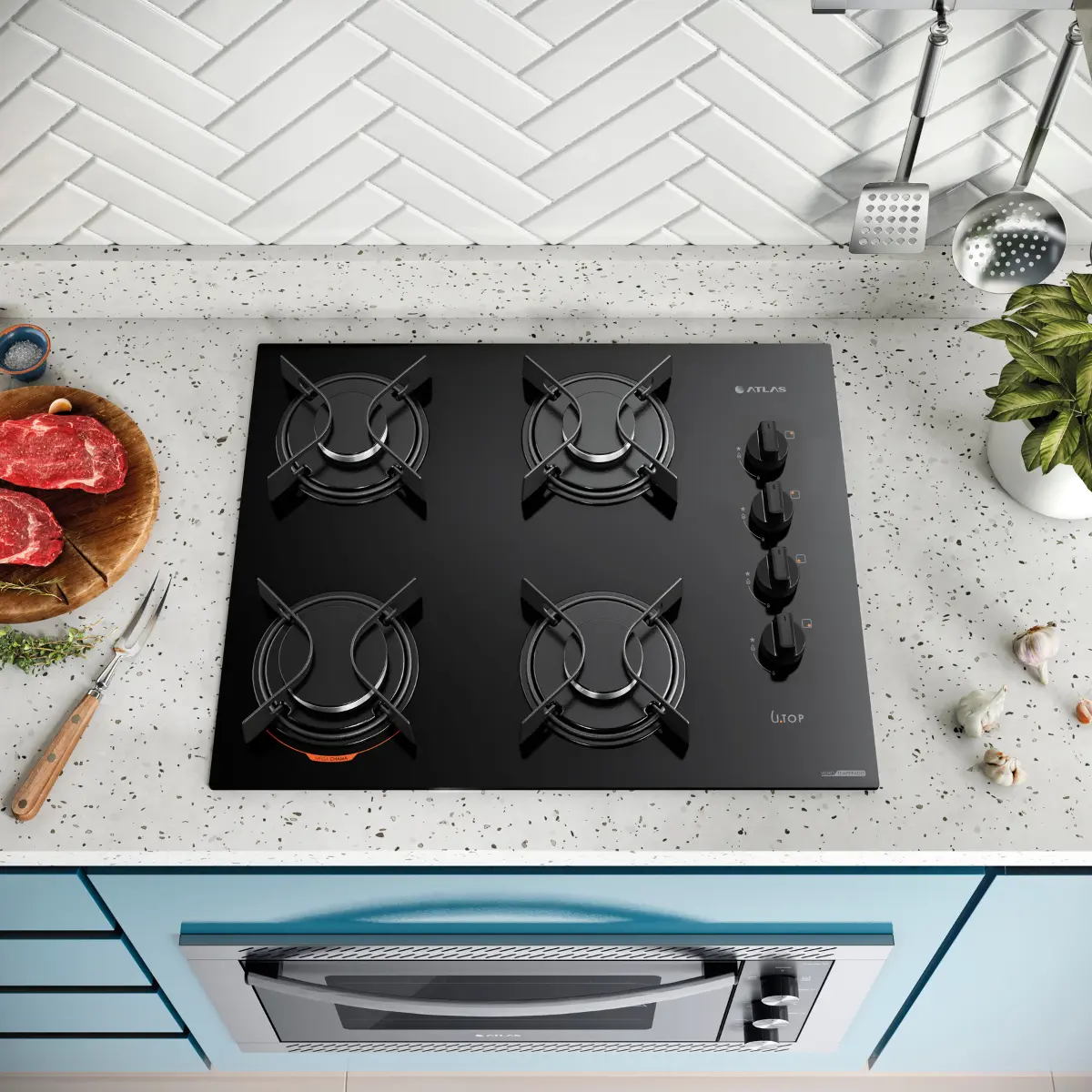Cooktop 04 Bocas à Gás U Top Acendimento Automático Tampo de Vidro 300001515 Bivolt Preto - Atlas