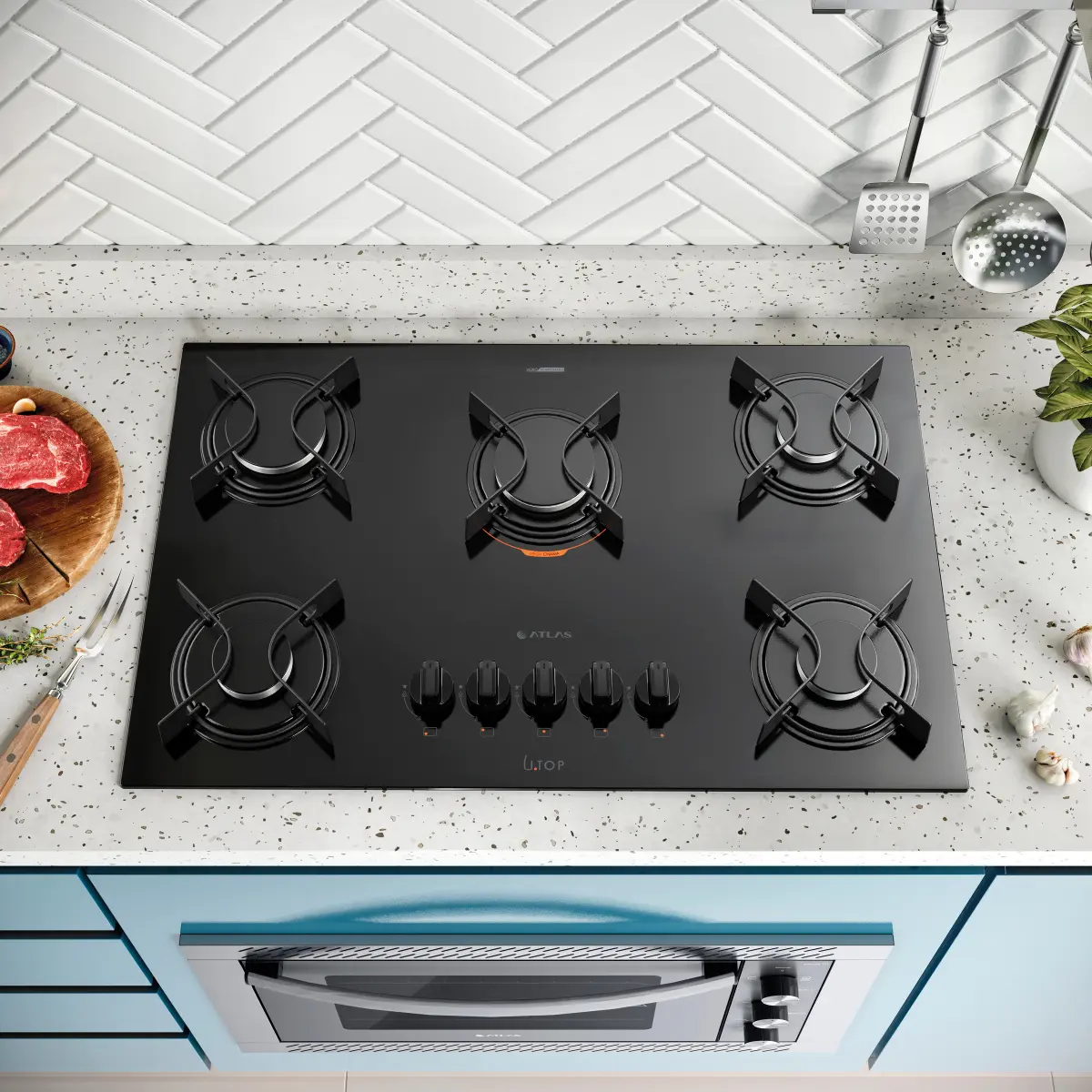 Cooktop 05 Bocas à Gás U Top Acendimento Automático Tampo de Vidro 300001330 Bivolt Preto - Atlas