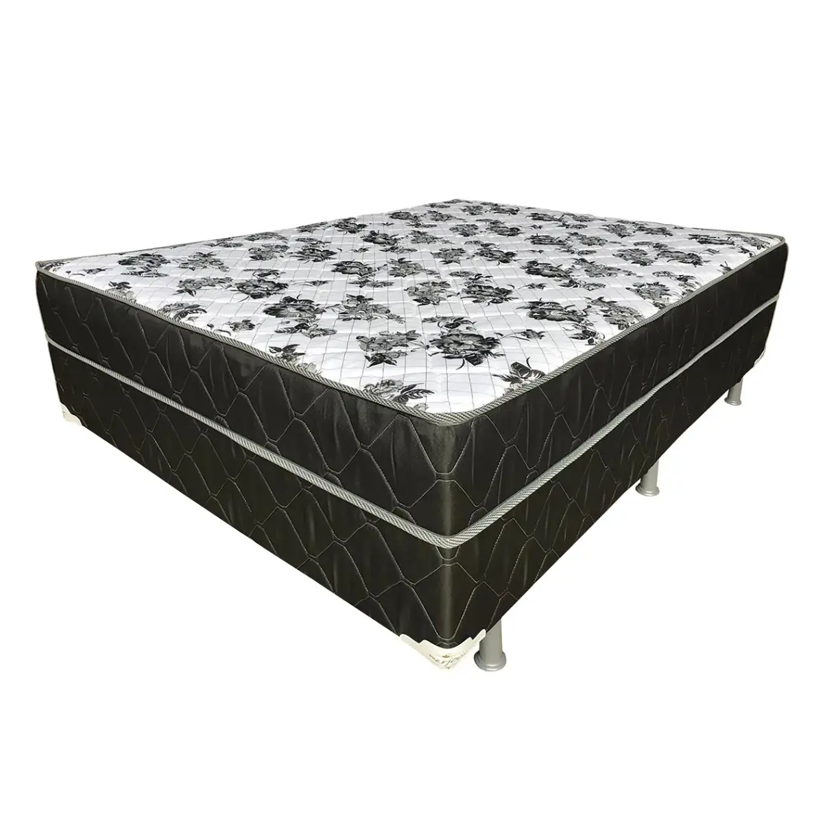 Cama Box Iara Premium Casal Conjugada 44X138X188 Preto/Florido/Xadrez - Marjom