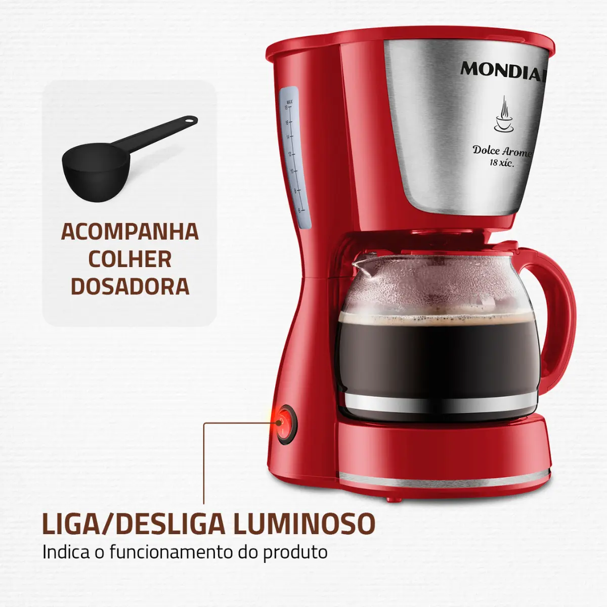 Cafeteira Elétrica Dolce Arome Jarra de Vidro Filtro Permanente C-35-18X 127v Vermelho - Mondial