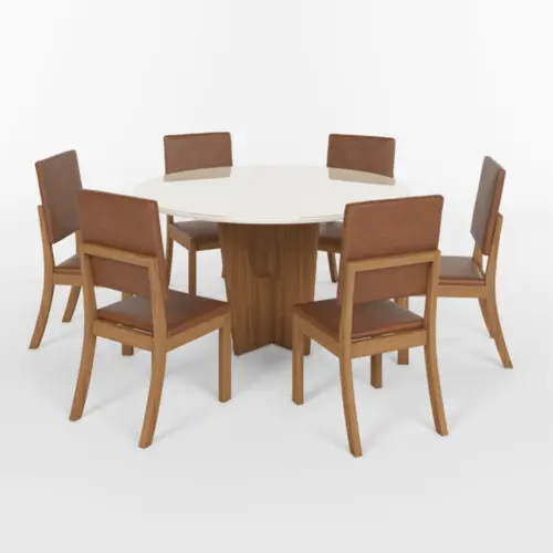 Conjunto de Mesa Vertice Redonda com 06 Cadeiras Milla Plus SE744-540 Nature/Off White/Corano Caramelo - Henn