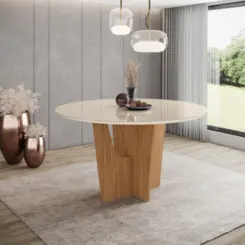 Conjunto de Mesa Vertice Redonda com 06 Cadeiras Milla Plus SE744-540 Nature/Off White/Corano Caramelo - Henn