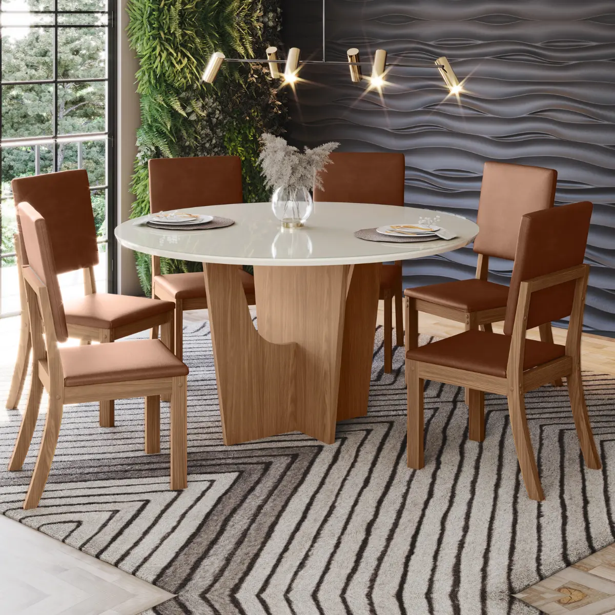 Conjunto de Mesa Vertice Redonda com 06 Cadeiras Milla Plus SE744-540 Nature/Off White/Corano Caramelo - Henn