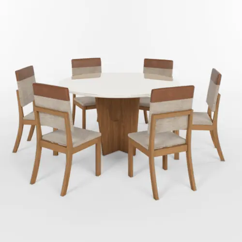Conjunto de Mesa Vertice Redonda com 06 Cadeiras Milla Plus SE744-544 Nature/Off White/Corano Caramelo/Creme - Henn