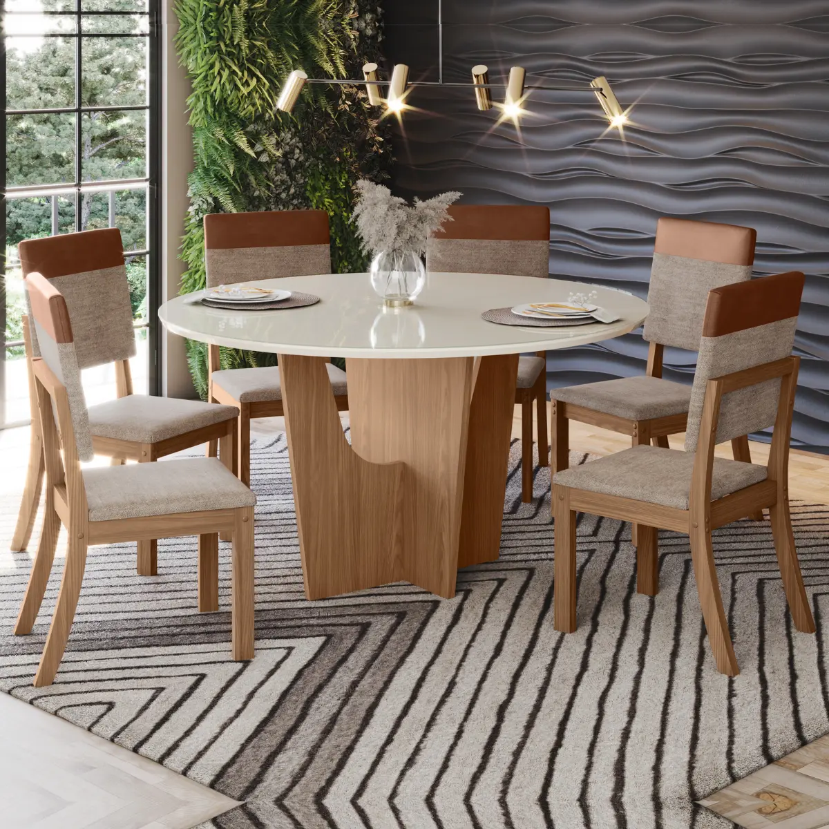 Conjunto de Mesa Vertice Redonda com 06 Cadeiras Milla Plus SE744-544 Nature/Off White/Corano Caramelo/Creme - Henn