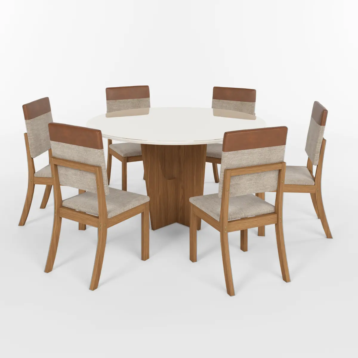 Conjunto de Mesa Vertice Redonda com 06 Cadeiras Milla Plus SE744-544 Nature/Off White/Corano Caramelo/Creme - Henn