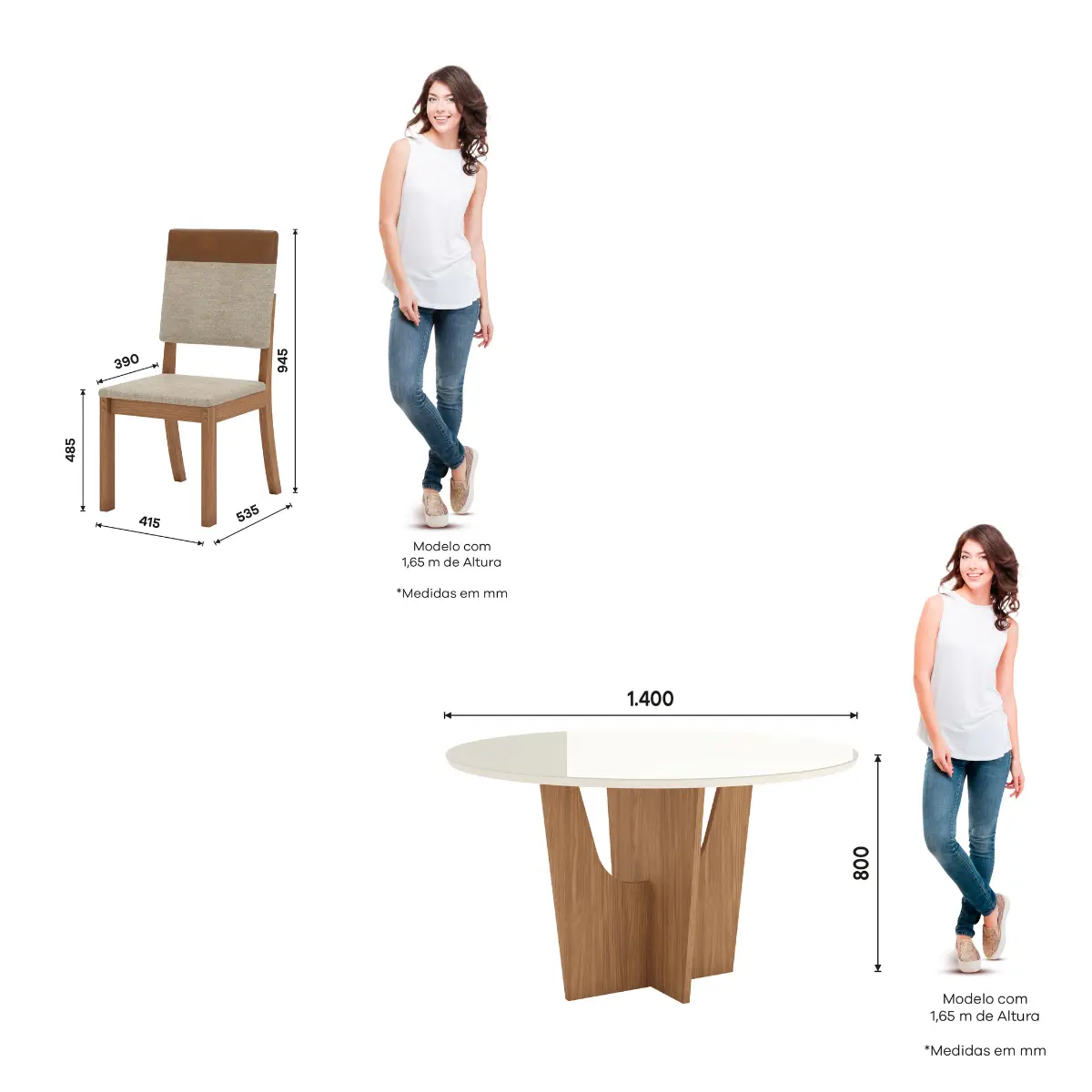 Conjunto de Mesa Vertice Redonda com 06 Cadeiras Milla Plus SE744-544 Nature/Off White/Corano Caramelo/Creme - Henn