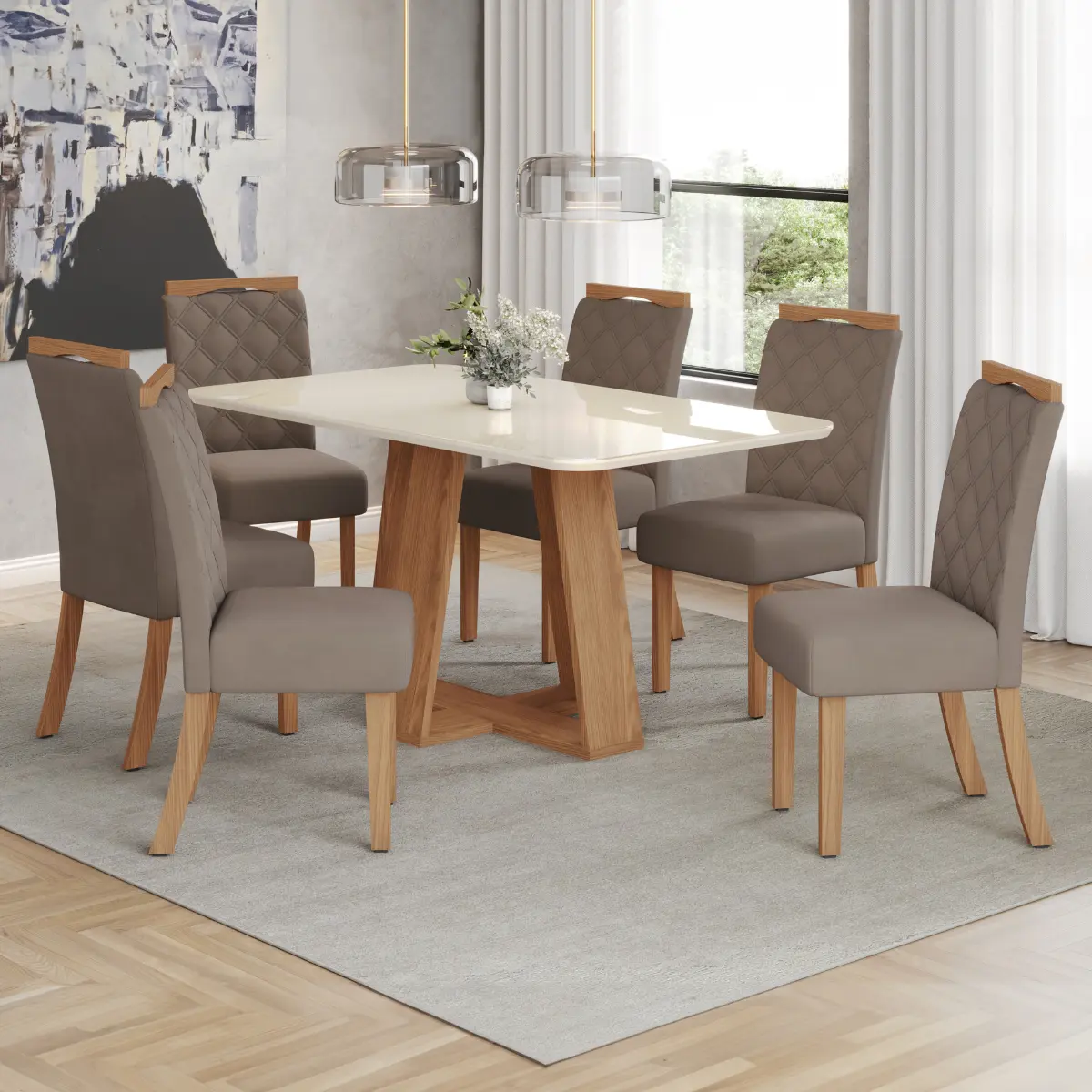 Conjunto de Mesa Lins com 06 Cadeiras Bella SE663-522 Nature/Off White/Marrom Amendôa - Henn