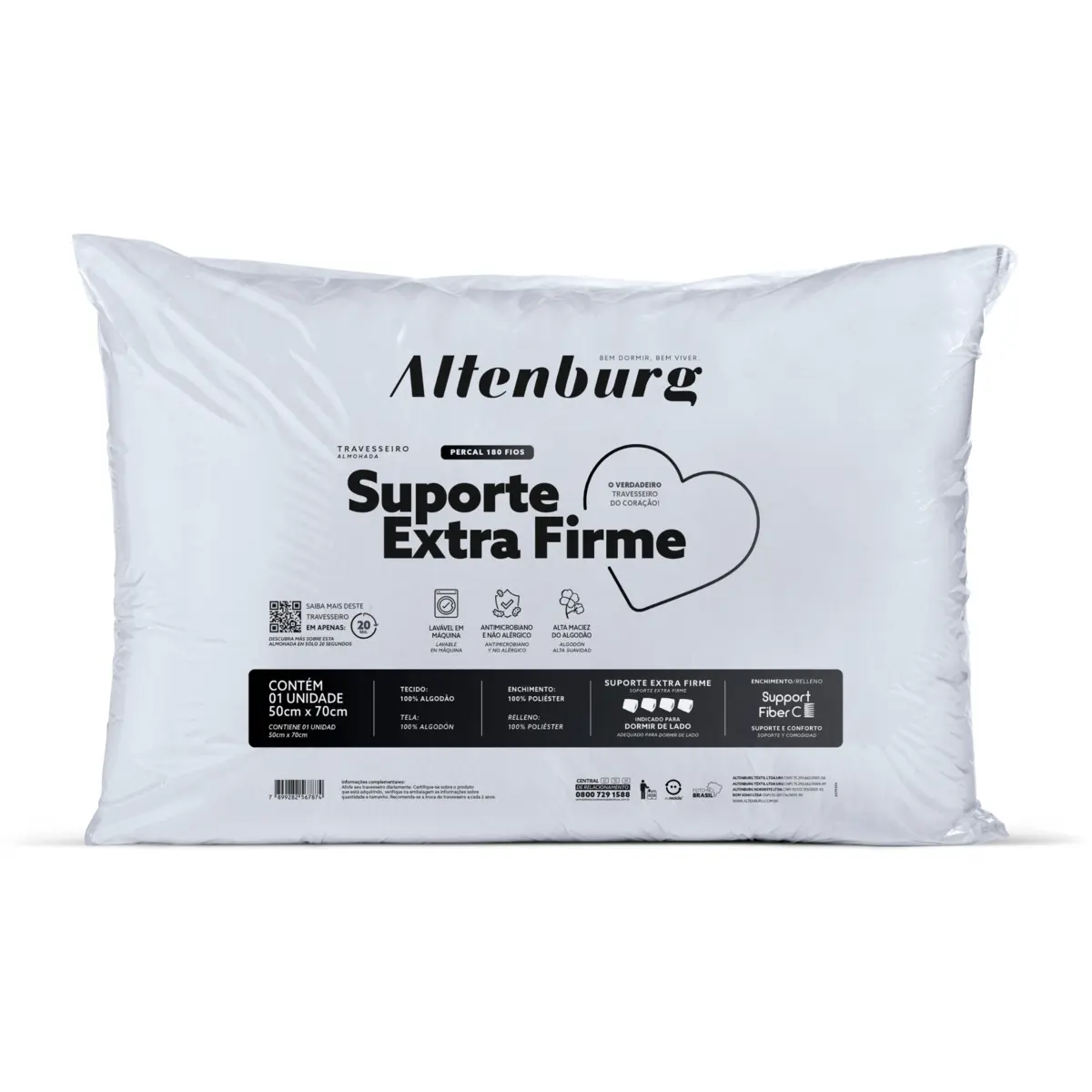 Travesseiro Suporte Extra Firme Percal 180 Fios 50X70 Branco - Altenburg