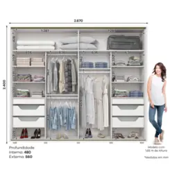 Roupeiro Cavic Casal com Espelho 2 Portas Deslizantes 6 Gavetas D209-05 Branco - Henn