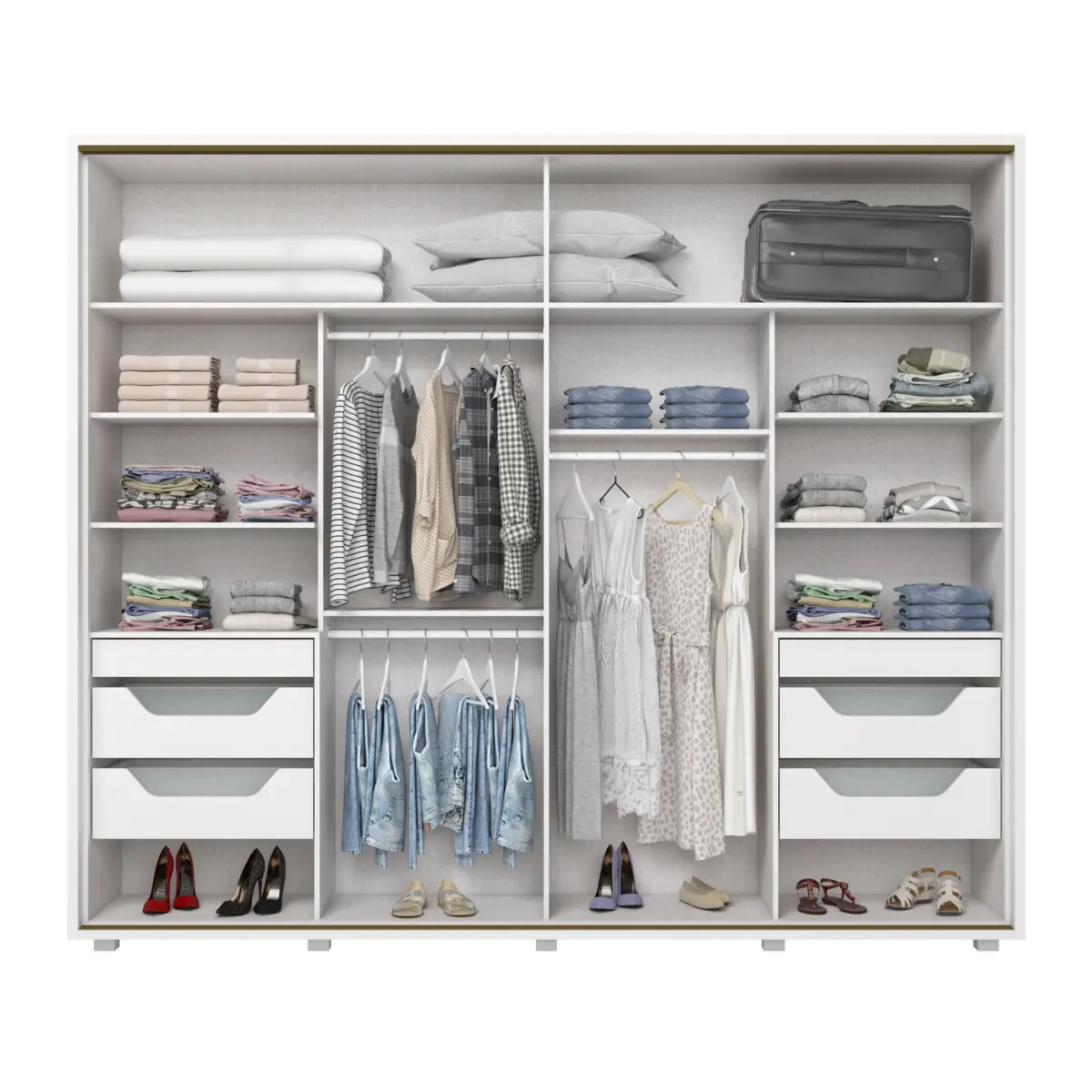 Roupeiro Cavic Casal com Espelho 2 Portas Deslizantes 6 Gavetas D209-05 Branco - Henn