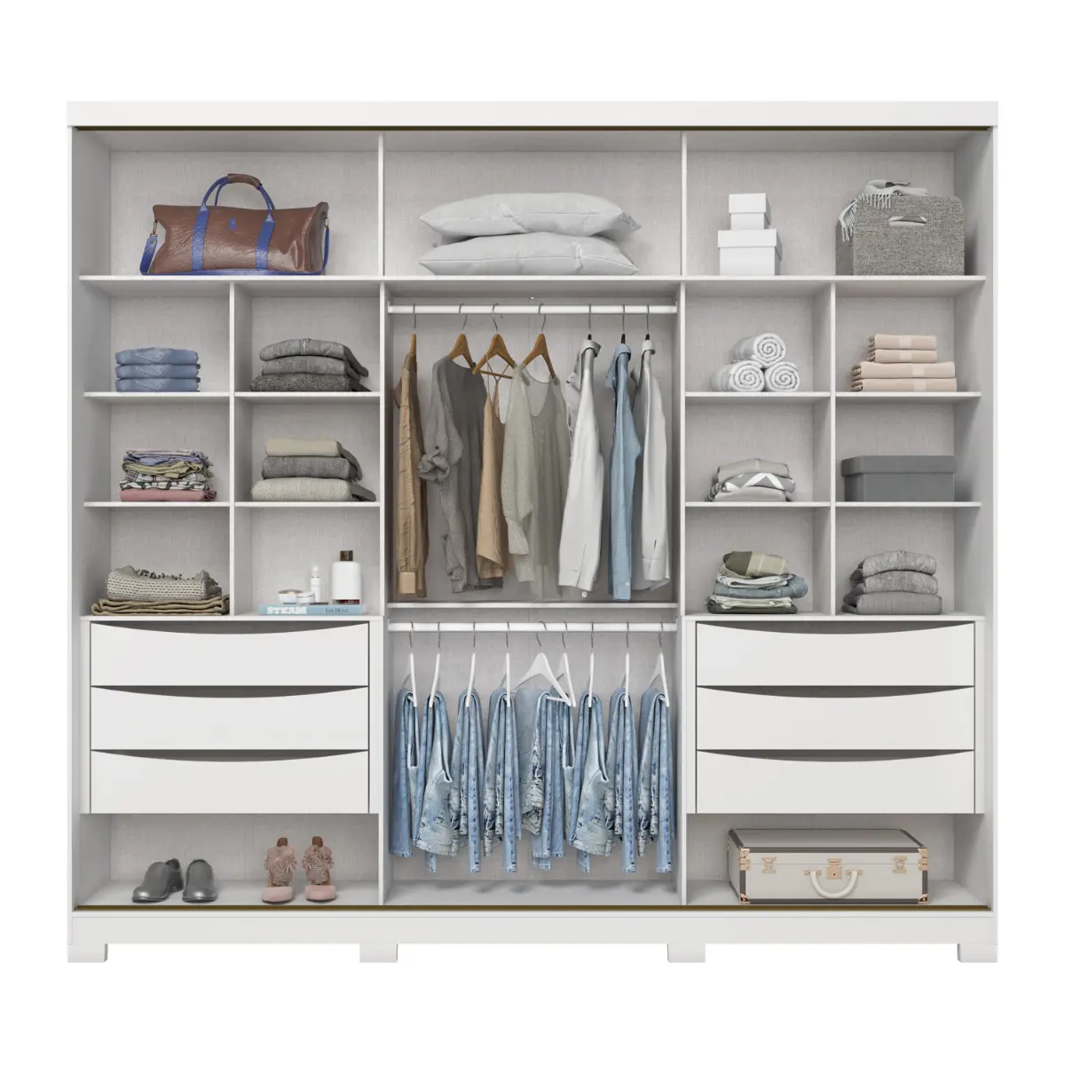 Roupeiro Fazano Casal com Espelho 3 Portas Deslizantes 6 Gavetas D324-05 Branco - Henn