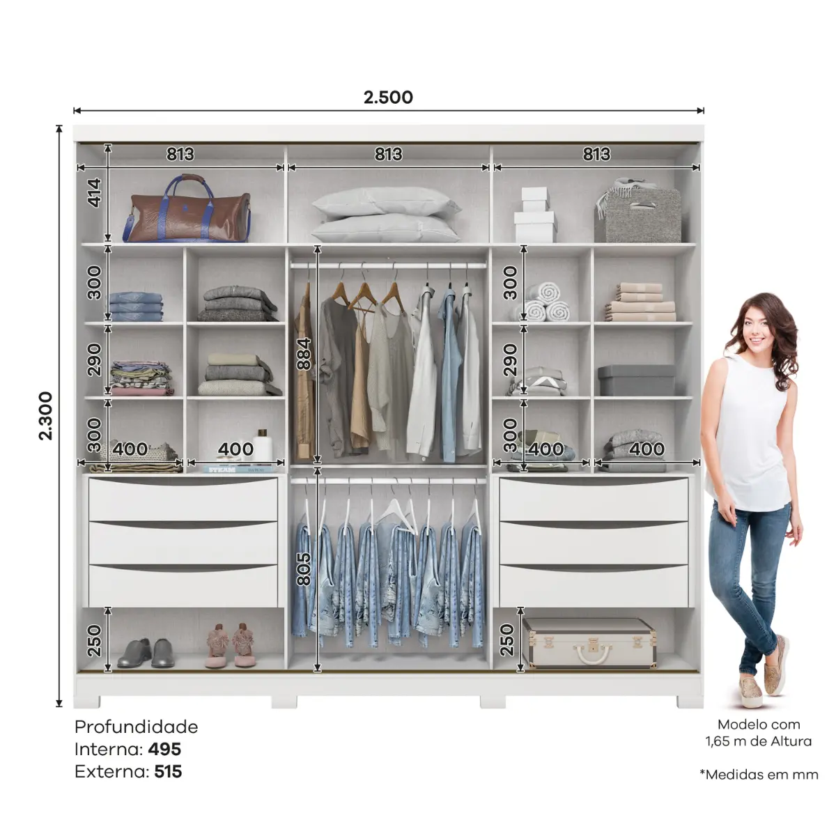 Roupeiro Fazano Casal com Espelho 3 Portas Deslizantes 6 Gavetas D324-05 Branco - Henn