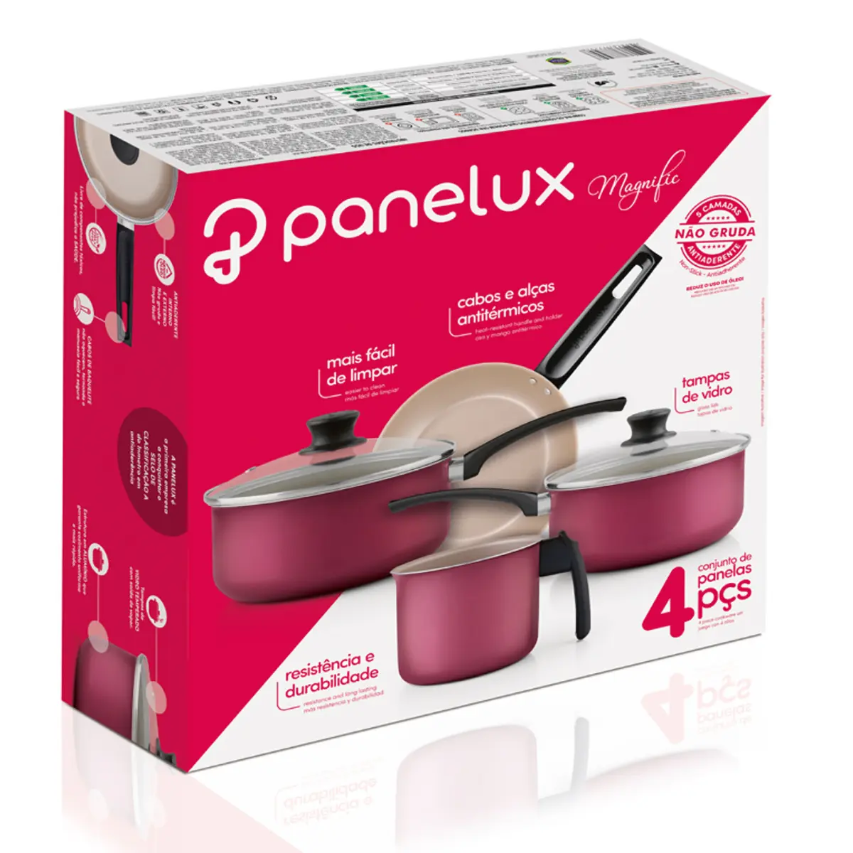 Jogo de Panelas Magnific Alumínio 04 Peças Antiaderente Teflon Cereja - Panelux