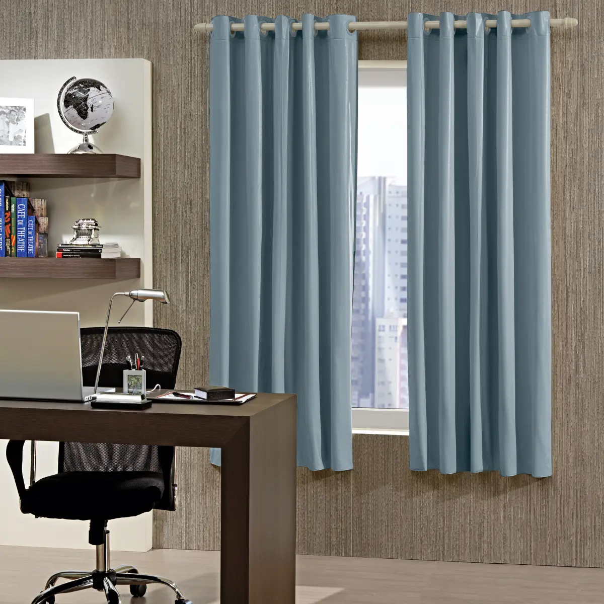Cortina Corta Luz 260X170 Ilhos Azul Bruma/Cinza - Bella janela