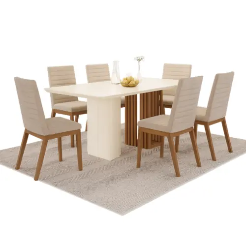 Conjunto de Mesa Fany com 06 Cadeiras Elena Tampo de Vidro 1.8 SE742-541 Nature/Off White/Creme - Henn