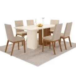Conjunto de Mesa Fany com 06 Cadeiras Elena Tampo de Vidro 1.8 SE742-541 Nature/Off White/Creme - Henn