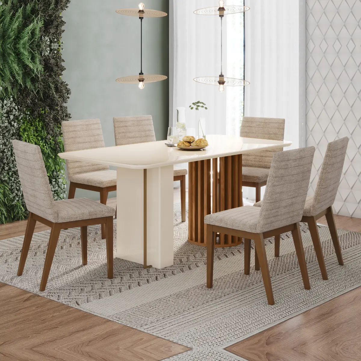 Conjunto de Mesa Fany com 06 Cadeiras Elena Tampo de Vidro 1.8 SE742-541 Nature/Off White/Creme - Henn