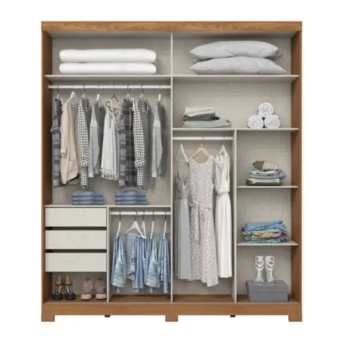 Roupeiro Talles Casal com Espelho 2 Portas Deslizantes 3 Gavetas D335-127 Nature/Off White - Henn