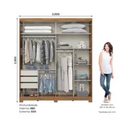 Roupeiro Talles Casal com Espelho 2 Portas Deslizantes 3 Gavetas D335-127 Nature/Off White - Henn