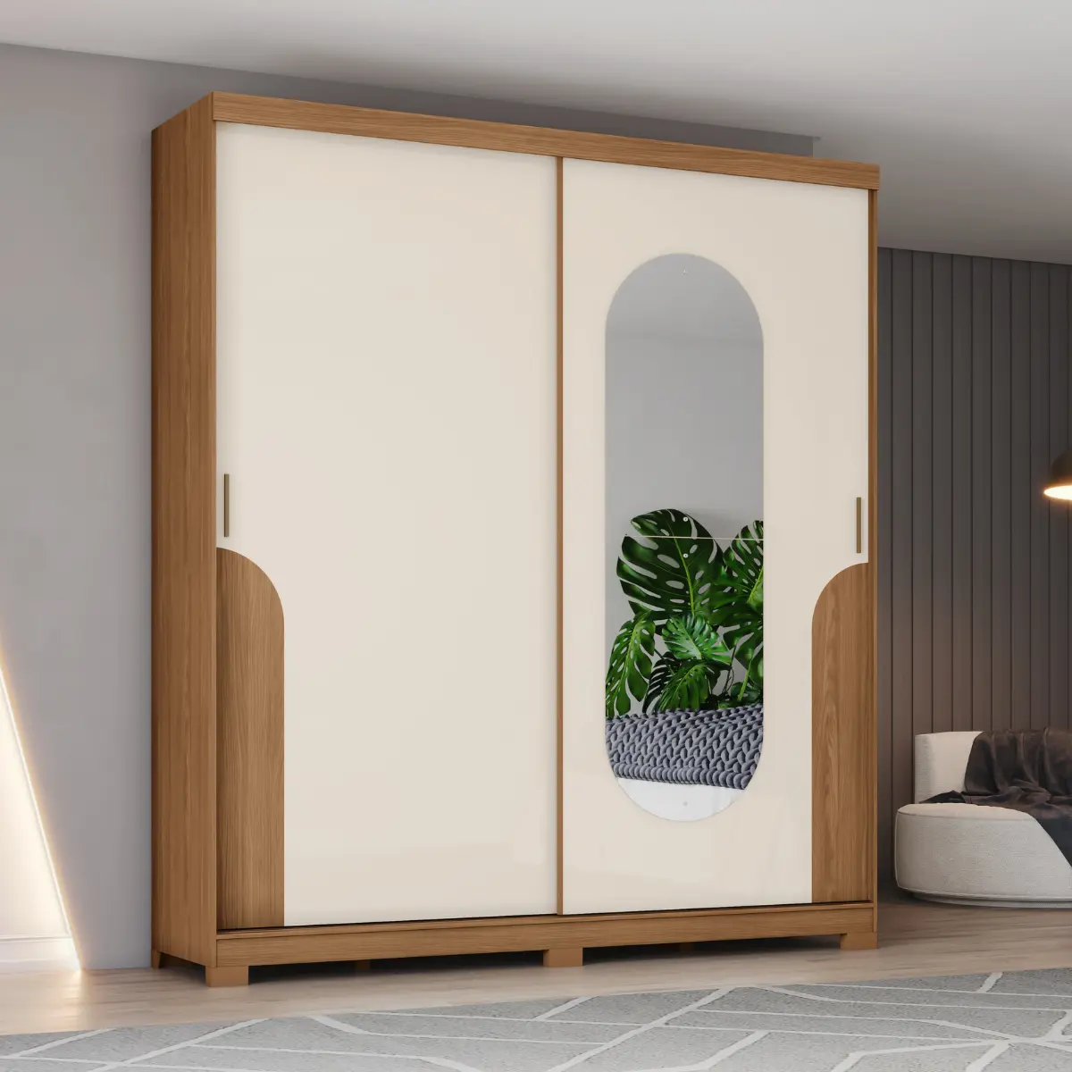 Roupeiro Talles Casal com Espelho 2 Portas Deslizantes 3 Gavetas D335-127 Nature/Off White - Henn