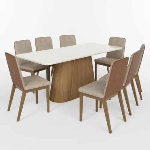 Conjunto de Mesa Olivia com 08 Cadeiras Pietra 2.0 Tampo de Vidro SE743-544 Nature/Off White/Creme - Henn