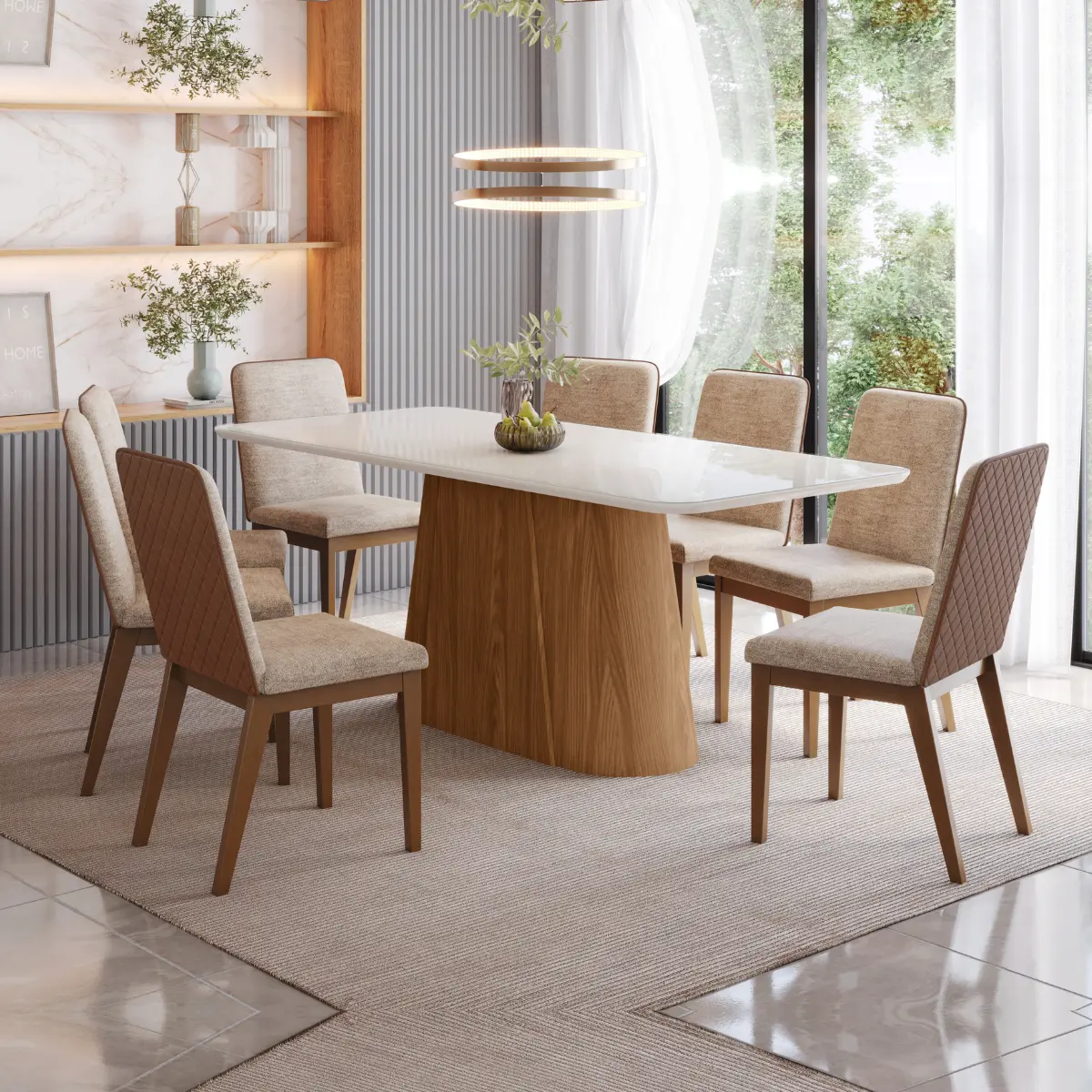 Conjunto de Mesa Olivia com 08 Cadeiras Pietra 2.0 Tampo de Vidro SE743-544 Nature/Off White/Creme - Henn