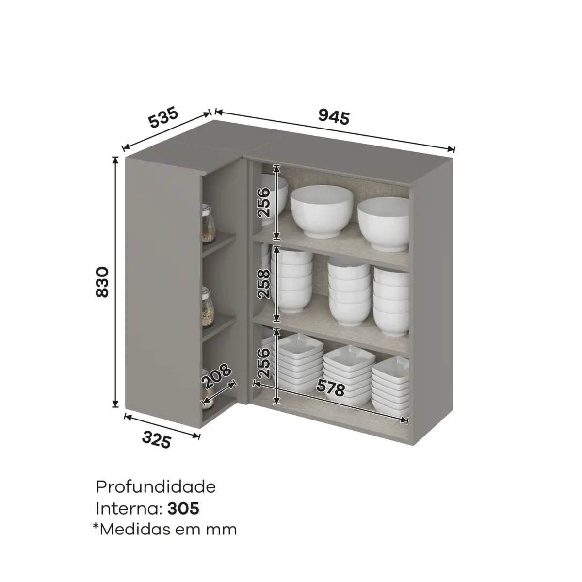 Aéreo Americana com 01 Porta Canto Reto Modulado C359-131 Cinza - Henn