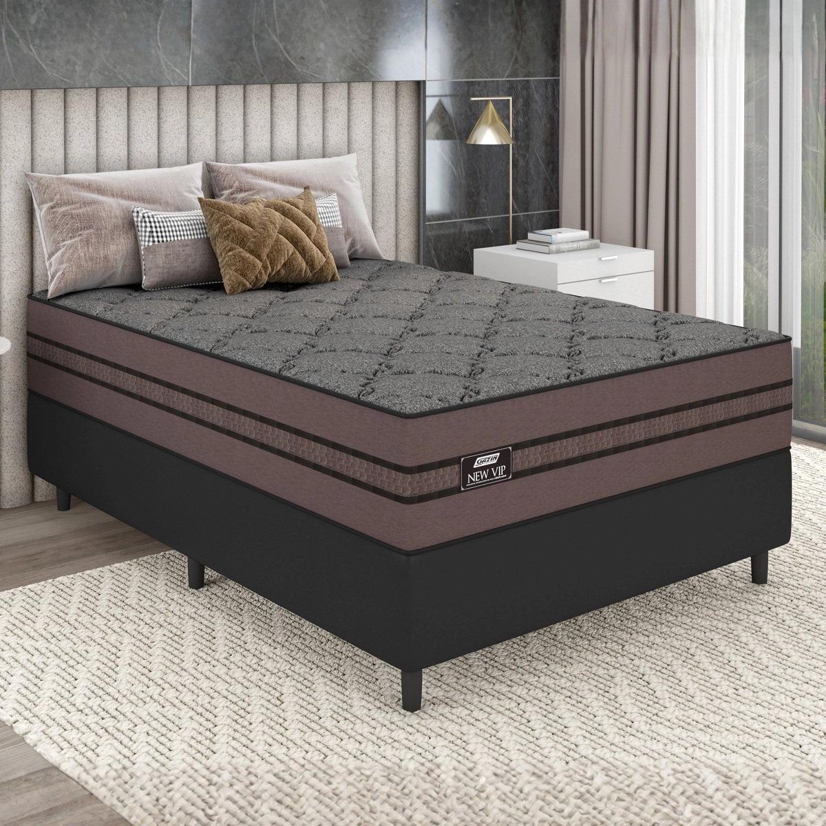 Kit Cama New Vip Casal Molas Ensacadas Soft Pillow Suede Veludo 070X138X188 Grafite/Linho/Preto - Gazin