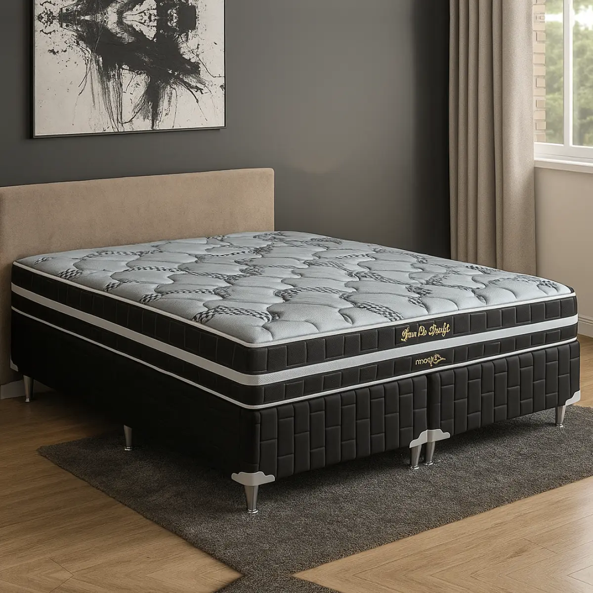 Cama Flor de Liz Casal Molas Ensacadas Suede 63X138X188 Preto - Marjom