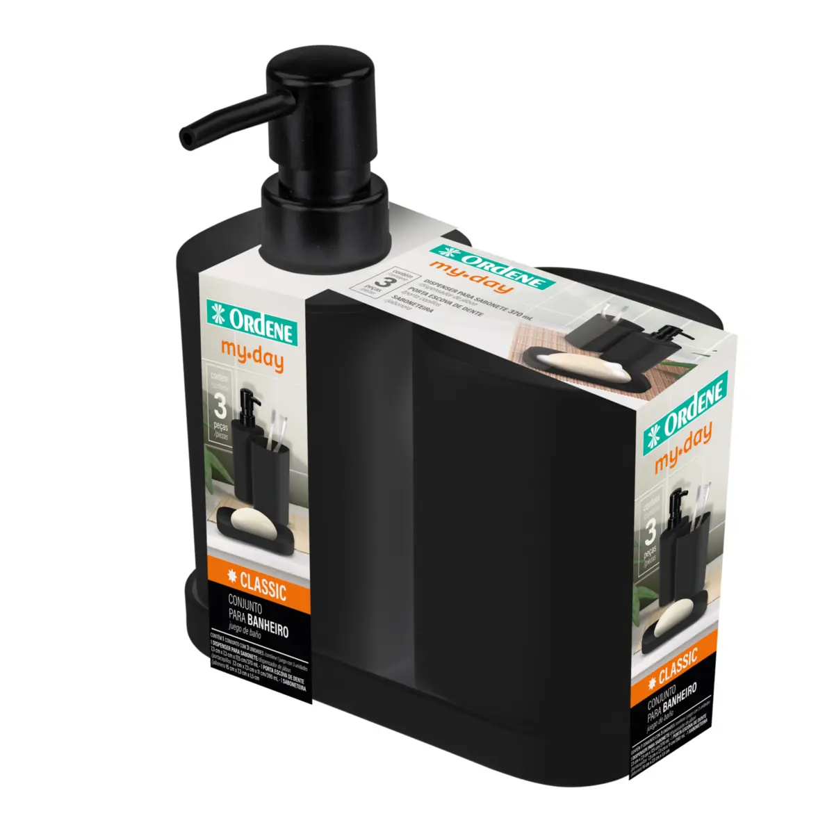 Kit Plástico Para Banheiro com 3 Unidades OR94040 Preto - Ordene