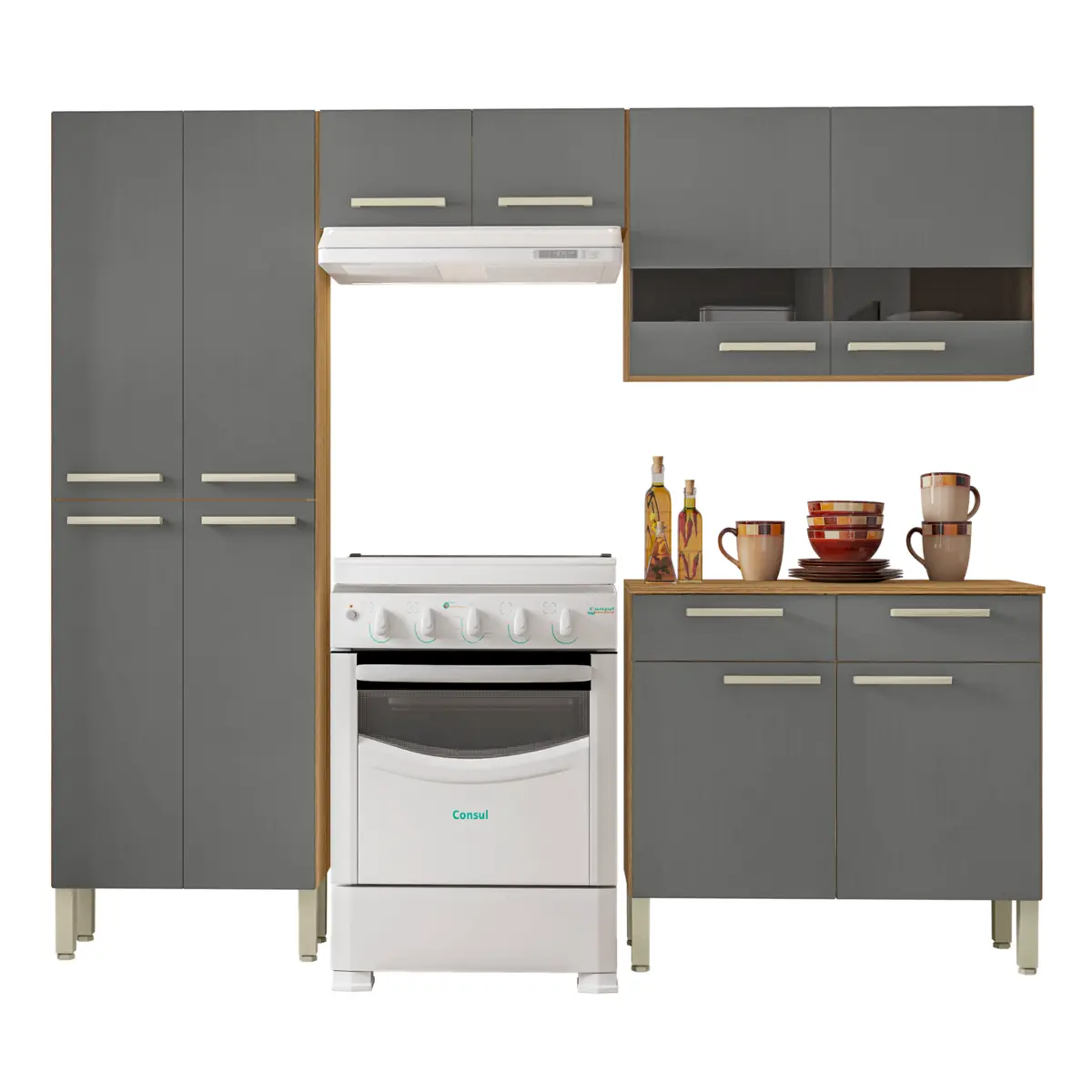 Cozinha Nala Compacta com 10 Portas 02 Gavetas 8977 Freijó/Gris FCI - Kit's Paraná