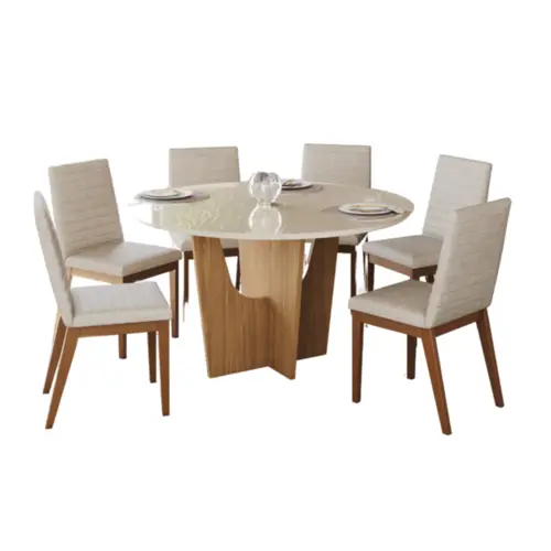 Conjunto de Mesa Vertice Redonda com 06 Cadeiras Elena 1.4 SE758-507 Nature/Off White Linho - Henn