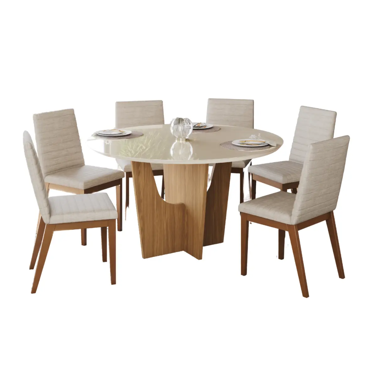 Conjunto de Mesa Vertice Redonda com 06 Cadeiras Elena 1.4 SE758-507 Nature/Off White Linho - Henn