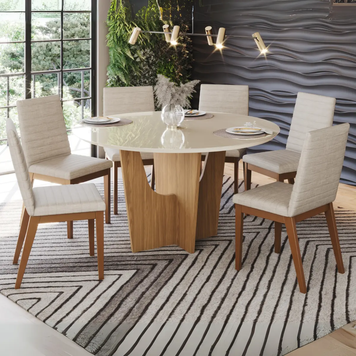 Conjunto de Mesa Vertice Redonda com 06 Cadeiras Elena 1.4 SE758-507 Nature/Off White Linho - Henn