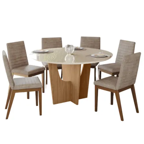 Conjunto de Mesa Vertice Redonda com 06 Cadeiras Elena 1.4 SE758-541 Nature/Off White Creme - Henn