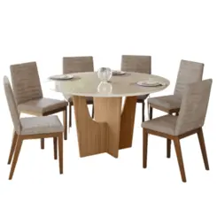 Conjunto de Mesa Vertice Redonda com 06 Cadeiras Elena 1.4 SE758-541 Nature/Off White Creme - Henn