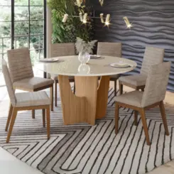 Conjunto de Mesa Vertice Redonda com 06 Cadeiras Elena 1.4 SE758-541 Nature/Off White Creme - Henn