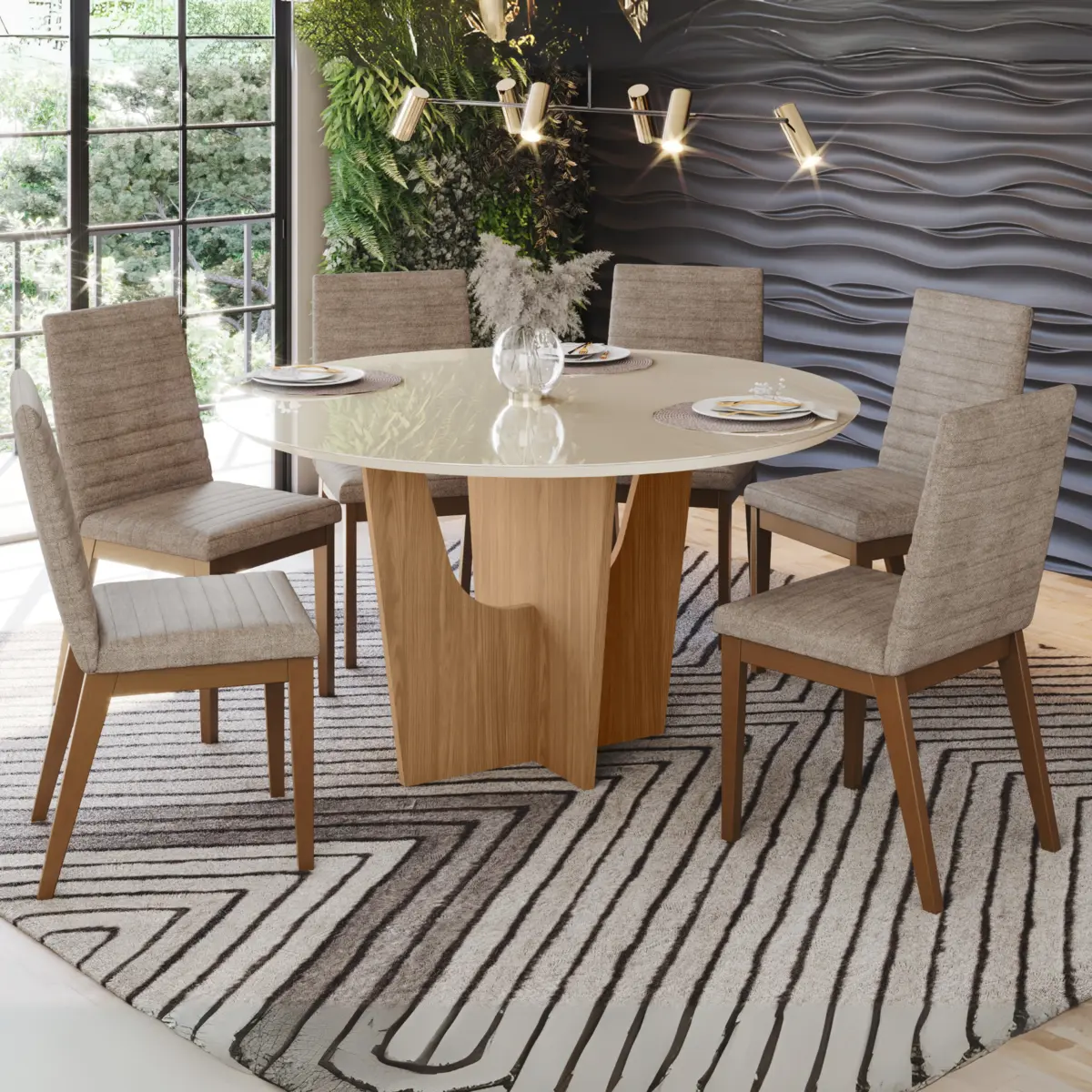Conjunto de Mesa Vertice Redonda com 06 Cadeiras Elena 1.4 SE758-541 Nature/Off White Creme - Henn