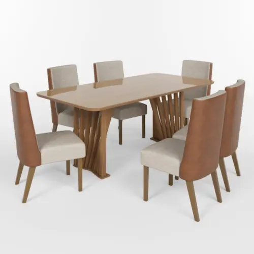 Conjunto de Mesa Adriana com 06 Cadeiras Anne 2.0 SE755-531 Nature/Courano Linho - Henn